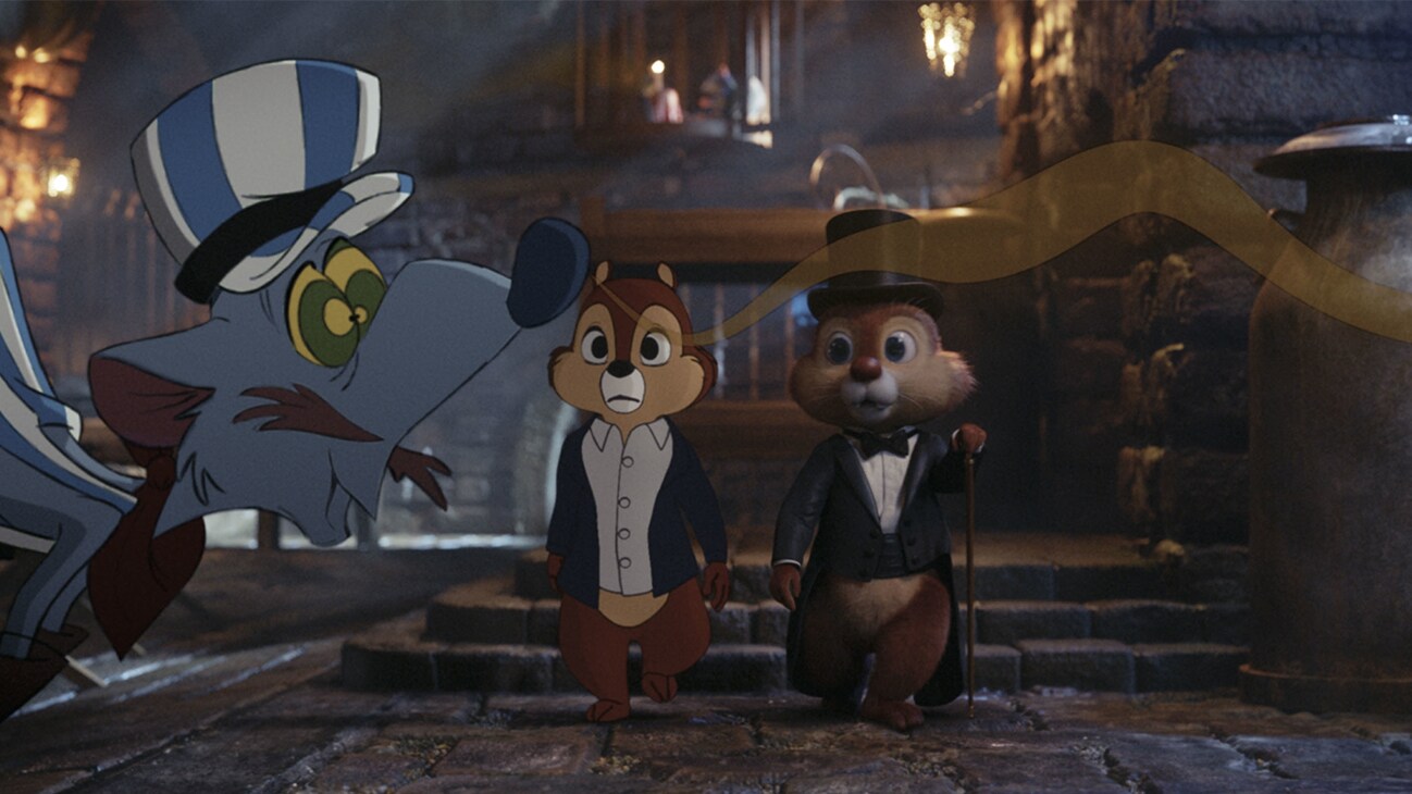 Chip (voiced by John Mulaney) and Dale (voiced by Andy Samberg) in Disney's live-action CHIP N' DALE: RESCUE RANGERS, exclusively on Disney+. Photo courtesy of Disney Enterprises, Inc. © 2022 Disney Enterprises, Inc. All Rights Reserved.