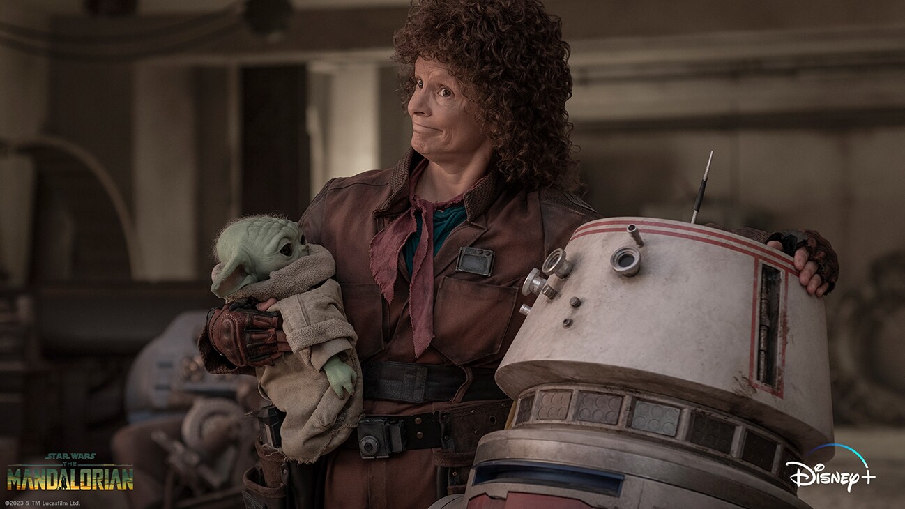 Grogu, Peli (actor Amy Sedaris), and R5-D4 from the Disney+ Original series, "Star Wars: The Mandalorian Season 3." 