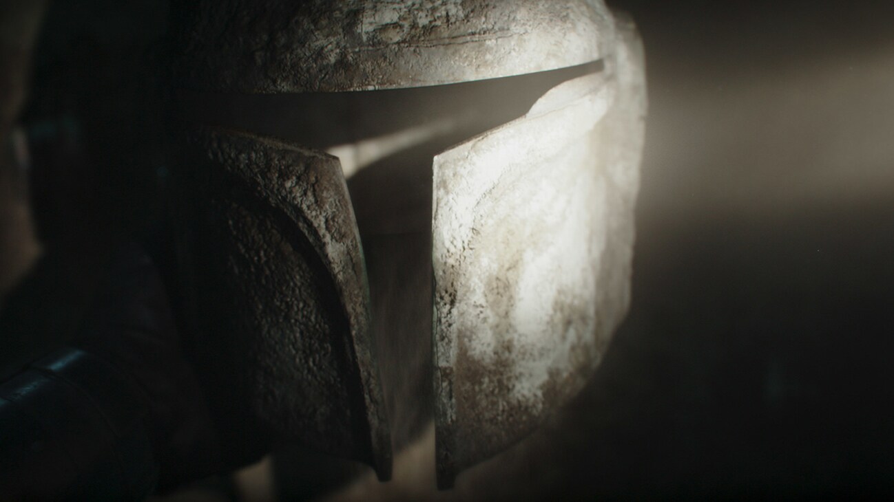 A Mandalorian helmet from a scene in the Disney+ Original series, Star Wars: The Mandalorian, Season 3.