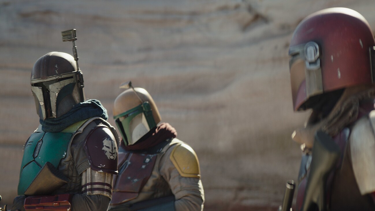 Mandalorians in a scene from Lucasfilm's THE MANDALORIAN, season three, exclusively on Disney+. ©2023 Lucasfilm Ltd. & TM. All Rights Reserved.Mandalorians in a scene from Lucasfilm's THE MANDALORIAN, season three, exclusively on Disney+. ©2023 Lucasfilm Ltd. & TM. All Rights Reserved.