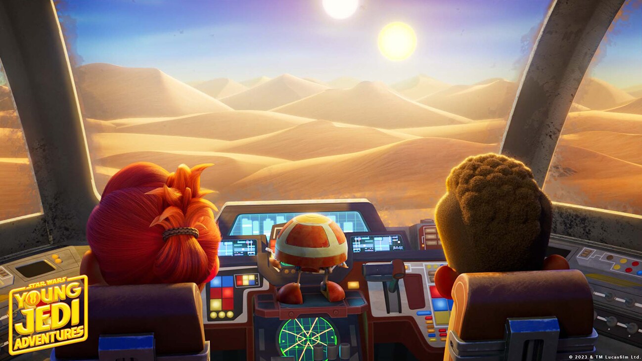Kai Brightstar (voiced by Jamaal Avery Jr.), Nash Durango (voiced by Emma Berman), and RJ-83 (voiced by Jonathan Lipow) pilot a starship in a scene from "STAR WARS: YOUNG JEDI ADVENTURES" exclusively on Disney+ and Disney Junior. ©2023 Lucasfilm Ltd. & TM. All Rights Reserved.