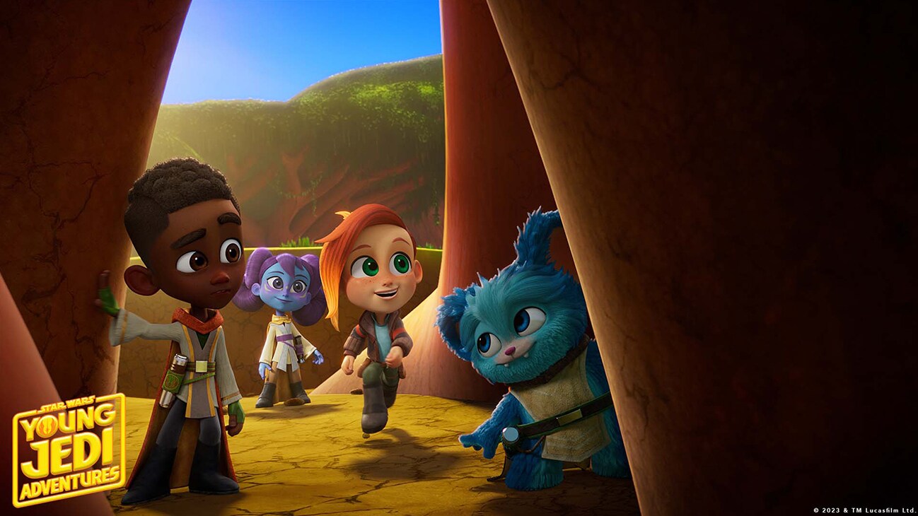 Kai Brightstar (voiced by Jamaal Avery Jr.), Lys Solay (voiced by Juliet Donenfeld), Nubs (voiced by Dee Bradley Baker) and Nash Durango (voiced by Emma Berman) in a scene from "STAR WARS: YOUNG JEDI ADVENTURES" exclusively on Disney+ and Disney Junior. ©2023 Lucasfilm Ltd. & TM. All Rights Reserved.