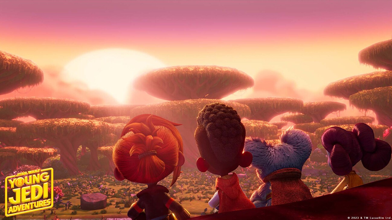 Kai Brightstar (voiced by Jamaal Avery Jr.), Lys Solay (voiced by Juliet Donenfeld), Nubs (voiced by Dee Bradley Baker) and Nash Durango (voiced by Emma Berman) sitting on a hill watching a sunset in a scene from "STAR WARS: YOUNG JEDI ADVENTURES" exclusively on Disney+ and Disney Junior. ©2023 Lucasfilm Ltd. & TM. All Rights Reserved.