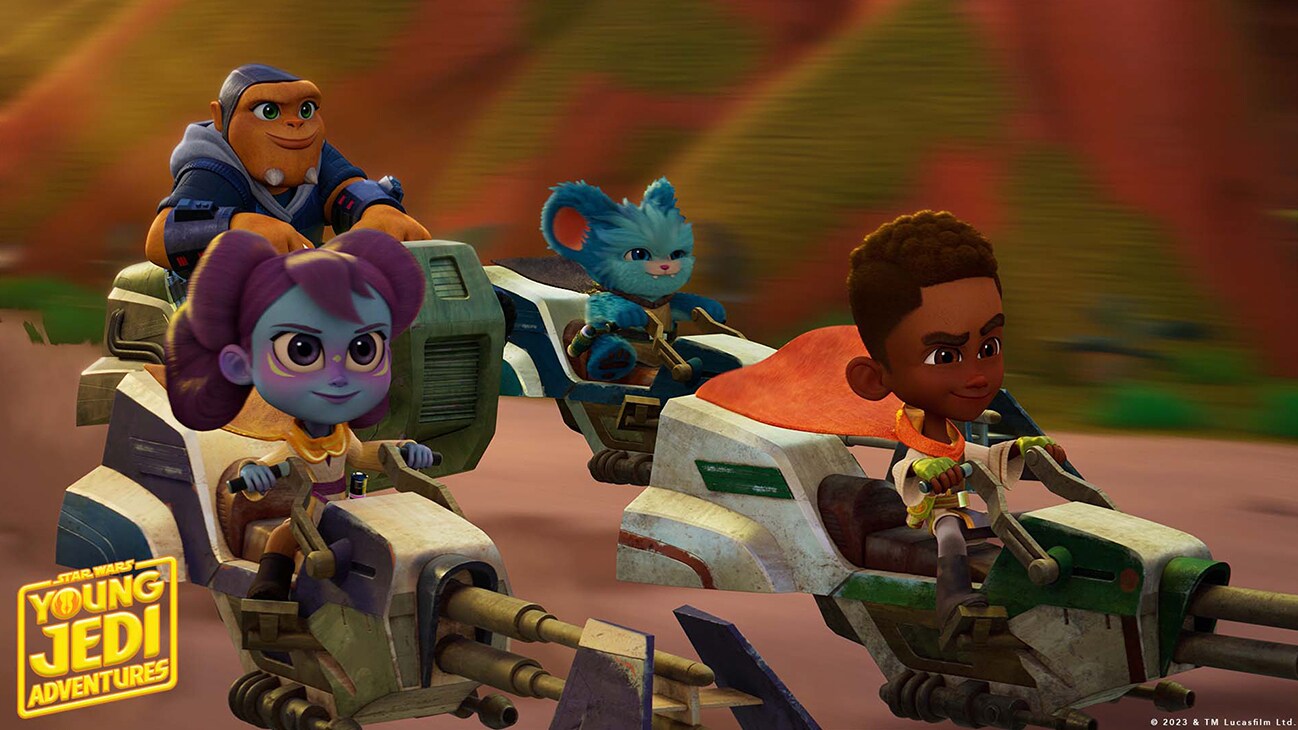 Kai Brightstar (voiced by Jamaal Avery Jr.), Lys Solay (voiced by Juliet Donenfeld), Nubs (voiced by Dee Bradley Baker) and another character riding speeder bikes in a scene from "STAR WARS: YOUNG JEDI ADVENTURES" exclusively on Disney+ and Disney Junior. ©2023 Lucasfilm Ltd. & TM. All Rights Reserved.