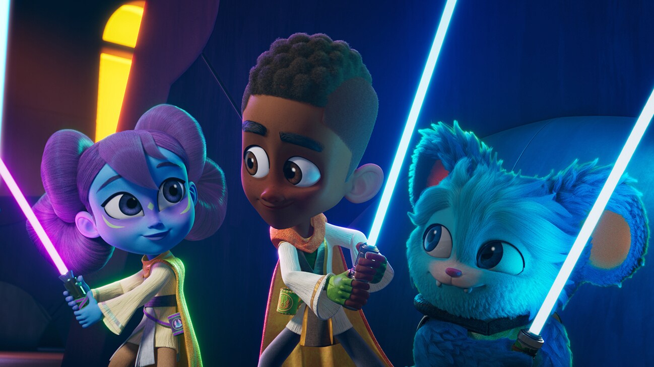 Jedi Younglings Lys Solay (voiced by Juliet Donenfeld), Kai Brightstar (voiced by Jamaal Avery Jr.) and Nubs (voiced by Dee Bradley Baker) in a scene during a training sequence from "STAR WARS: YOUNG JEDI ADVENTURES" exclusively on Disney+ and Disney Junior. ©2023 Lucasfilm Ltd. & TM. All Rights Reserved.