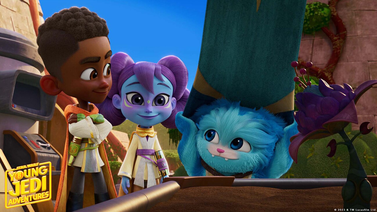 Kai Brightstar (voiced by Jamaal Avery Jr.), Lys Solay (voiced by Juliet Donenfeld) and Nubs (voiced by Dee Bradley Baker) in a scene from "STAR WARS: YOUNG JEDI ADVENTURES" exclusively on Disney+ and Disney Junior. ©2023 Lucasfilm Ltd. & TM. All Rights Reserved.
