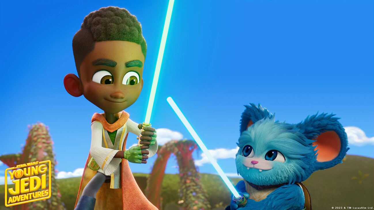 Kai Brightstar (voiced by Jamaal Avery Jr.) and Nubs (voiced by Dee Bradley Baker) with lightsabers in a scene from "STAR WARS: YOUNG JEDI ADVENTURES" exclusively on Disney+ and Disney Junior. ©2023 Lucasfilm Ltd. & TM. All Rights Reserved.