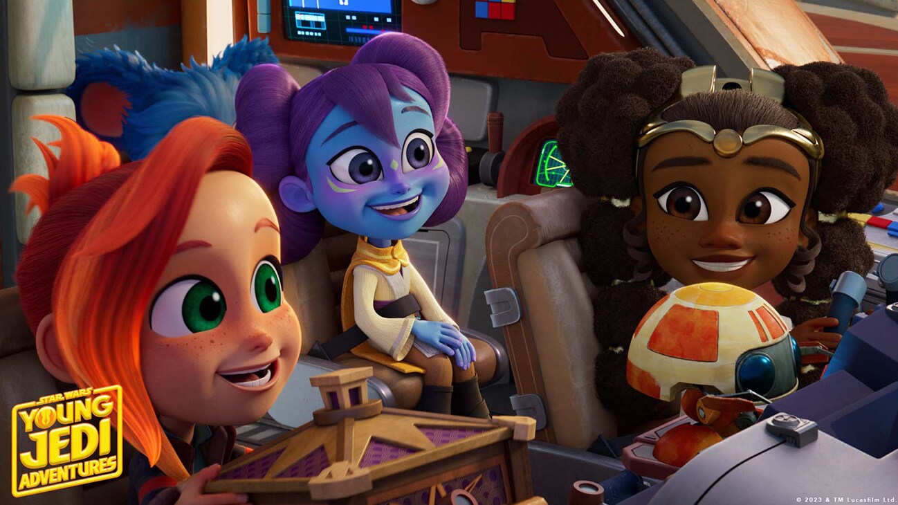 Lys Solay (voiced by Juliet Donenfeld), Nash Durango (voiced by Emma Berman), RJ-83 (voiced by Jonathan Lipow) and another character in a scene from "STAR WARS: YOUNG JEDI ADVENTURES" exclusively on Disney+ and Disney Junior. ©2023 Lucasfilm Ltd. & TM. All Rights Reserved.