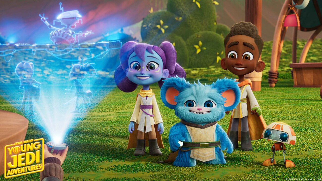 Kai Brightstar (voiced by Jamaal Avery Jr.), Lys Solay (voiced by Juliet Donenfeld), Nubs (voiced by Dee Bradley Baker) and RJ-83 (voiced by Jonathan Lipow) in a scene from "STAR WARS: YOUNG JEDI ADVENTURES" exclusively on Disney+ and Disney Junior. ©2023 Lucasfilm Ltd. & TM. All Rights Reserved.