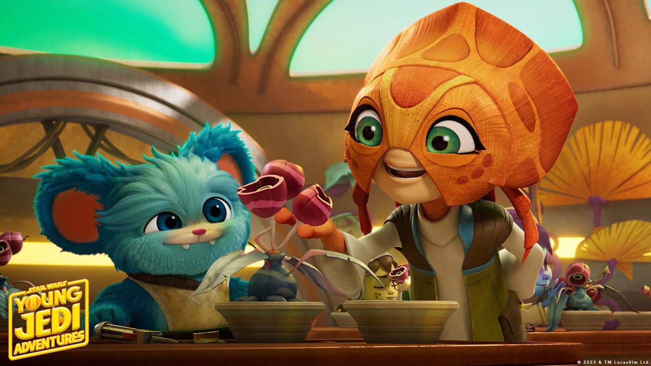 Nubs (voiced by Dee Bradley Baker) and another character in a scene from "STAR WARS: YOUNG JEDI ADVENTURES" exclusively on Disney+ and Disney Junior. ©2023 Lucasfilm Ltd. & TM. All Rights Reserved.