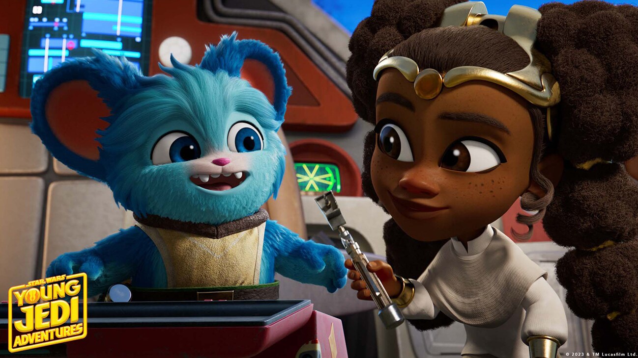 Nubs (voiced by Dee Bradley Baker) and another character in a scene from "STAR WARS: YOUNG JEDI ADVENTURES" exclusively on Disney+ and Disney Junior. ©2023 Lucasfilm Ltd. & TM. All Rights Reserved.
