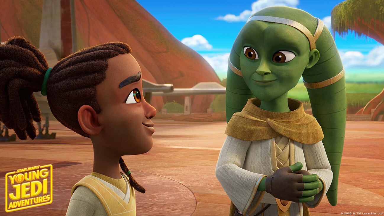(L-R): Padawan Bell Zettifar and Jedi Master Loden Greatstorm in "Charhound Chase," an upcoming episode of "STAR WARS: YOUNG JEDI ADVENTURES", exclusively on Disney+ and Disney Junior. © 2023 Lucasfilm Ltd. & ™. All Rights Reserved.