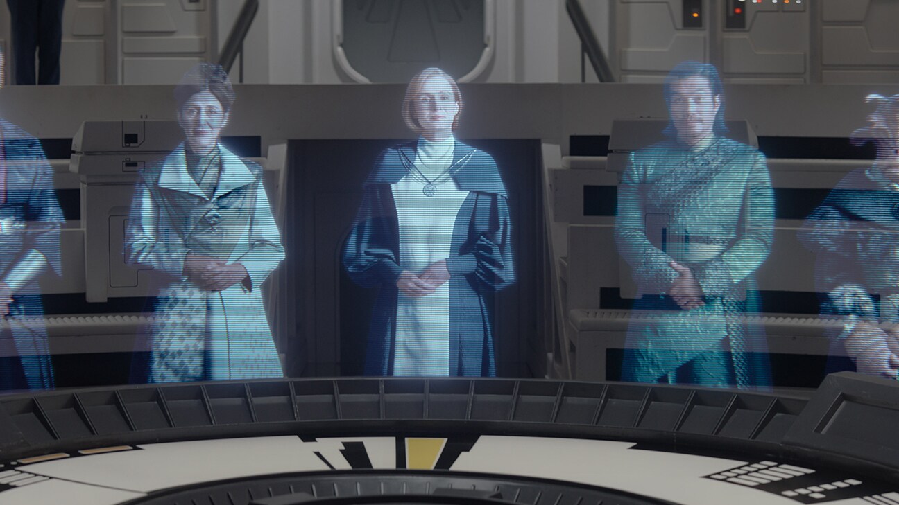 A holograph of several people from the Disney+ Original series, Star Wars: Ahsoka.