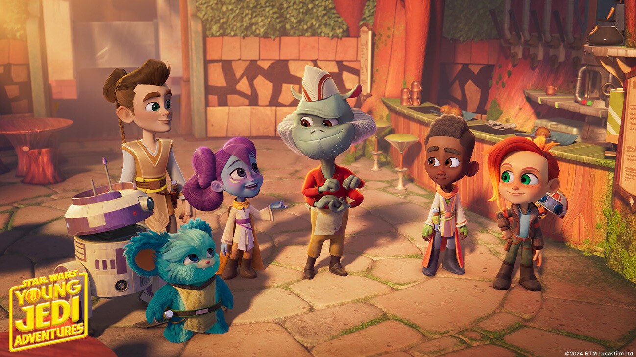 (L-R): R0-M1, Nubs (voiced by Dee Bradley Baker), Wes Vinik (voiced by Gunnar Sizemore), Lys Solay (voiced by Juliet Donenfeld), Hap (voiced by Taran Killam), Kai Brightstar (voiced by JeCobi Swain), Nash Durango (voiced by Emma Berman), and RJ-83 from "STAR WARS: YOUNG JEDI ADVENTURES (Season 2)", exclusively on Disney+ and Disney Junior. © 2024 Lucasfilm Ltd. & ™. All Rights Reserved.