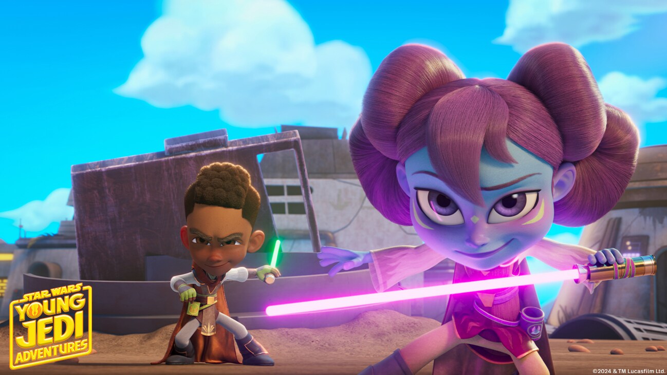 (L-R): Kai Brightstar (voiced by JeCobi Swain.), and Lys Solay (voiced by Juliet Donenfeld) from "STAR WARS: YOUNG JEDI ADVENTURES (Season 2)", exclusively on Disney+ and Disney Junior. © 2024 Lucasfilm Ltd. & ™. All Rights Reserved.