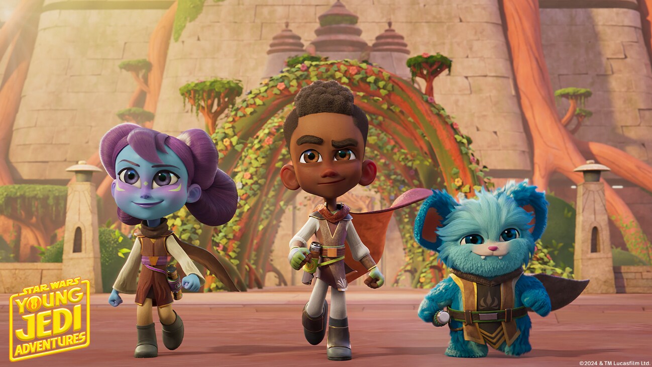 (L-R): Lys Solay (voiced by Juliet Donenfeld), Kai Brightstar (JeCobi Swain), and Nubs (voiced by Dee Bradley Baker) from "STAR WARS: YOUNG JEDI ADVENTURES (Season 2)", exclusively on Disney+ and Disney Junior. © 2024 Lucasfilm Ltd. & ™. All Rights Reserved.