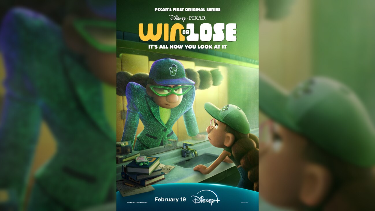 Animated image of Rochelle staring at a reflection in the mirror of an older version of herself | Pixar's first original series | Disney•Pixar | Win or Lose | It's all how you look at it | disneyplus.com/whats-on | February 19 | Disney+ | movie poster