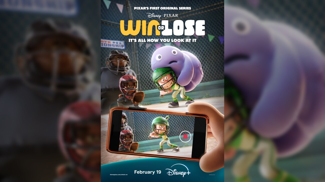 Animated image of a mobile phone taking a video of Laurie who is at bat with a blob on her back | Pixar's first original series | Disney•Pixar | Win or Lose | It's all how you look at it | disneyplus.com/whats-on | February 19 | Disney+ | movie poster