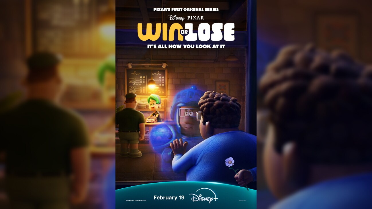 Animated image of Frank staring into a window at a person in a coffee shop. His reflection is of him wearing a knight's armor. | Pixar's first original series | Disney•Pixar | Win or Lose | It's all how you look at it | disneyplus.com/whats-on | February 19 | Disney+ | movie poster
