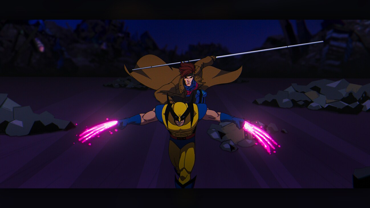 Wolverine (voiced by Cal Dodd) and Gambit (voiced by AJ LoCascio) in Marvel Animation's X-MEN '97. Photo courtesy of Marvel Animation. © 2024 MARVEL.