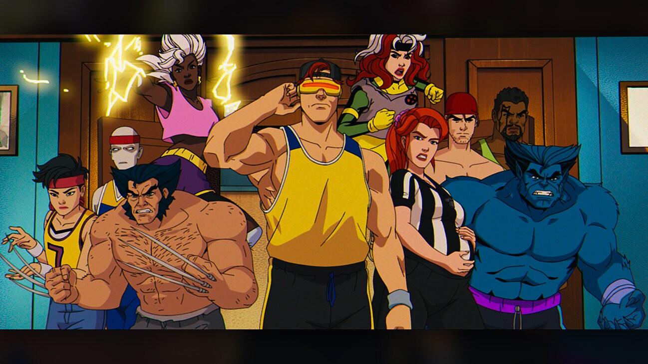 (L-R): Jubilee (voiced by Holly Chou), Morph (voiced by JP Karliak), Wolverine (voiced by Cal Dodd), Storm (voiced by Alison Sealy-Smith), Cyclops (voiced by Ray Chase), Rogue (voiced by Lenore Zann), Jean Grey (voiced by Jennifer Hale), Gambit (voiced by AJ LaCascio), Bishop (voiced by Isaac Robinson-Smith), and Beast (voiced by George Buza) in Marvel Animation's X-MEN '97. Photo courtesy of Marvel Animation. © 2024 MARVEL.