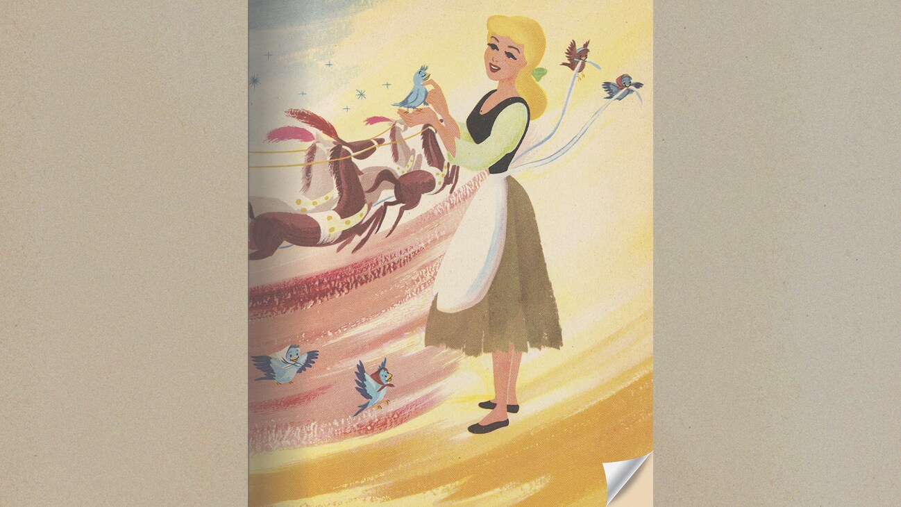 Book illustration of Cinderella and her bird friends watching the horses pulling the pumpkin coach run by.