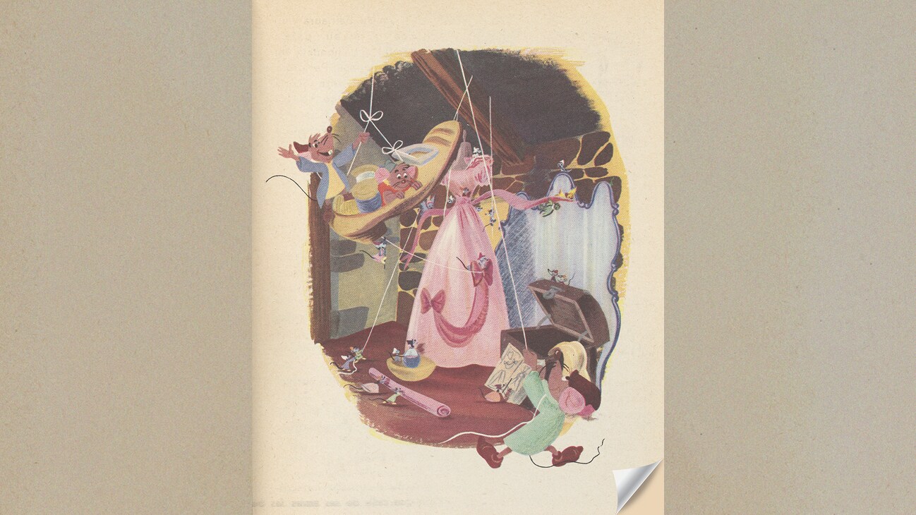 Book illustration of Cinderella's animal friends creating the pink dress for her to wear to the ball.