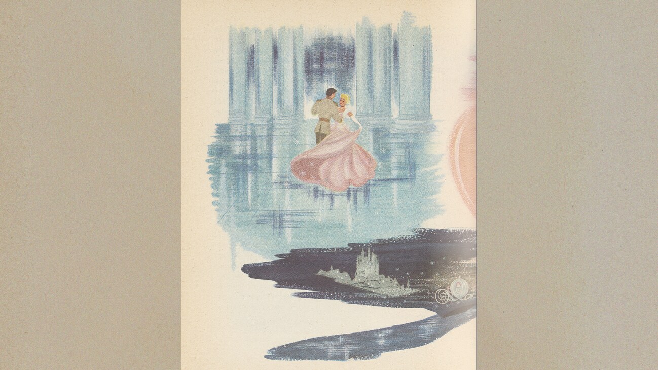 Book illustration of Cinderella and Prince Charming, dancing at the ball.