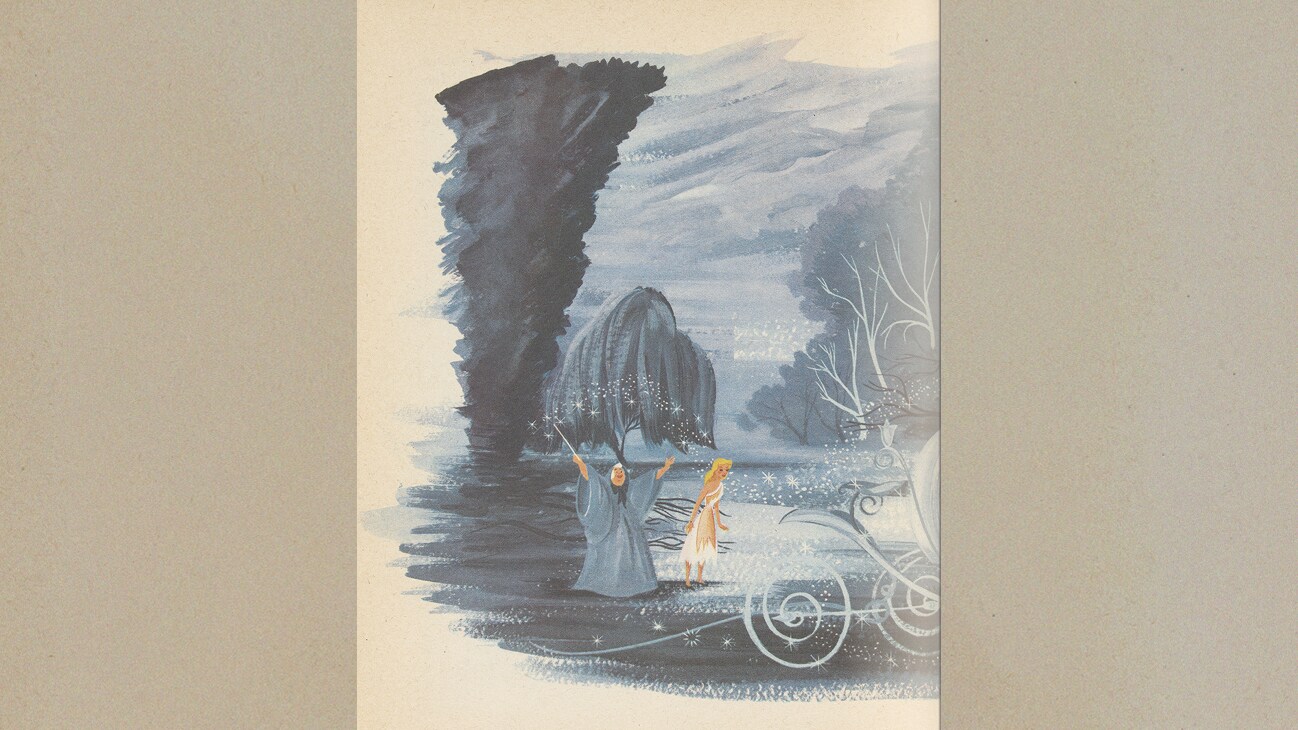 Book illustration of Cinderella's Fairy Godmother waving her wand above Cinderella.