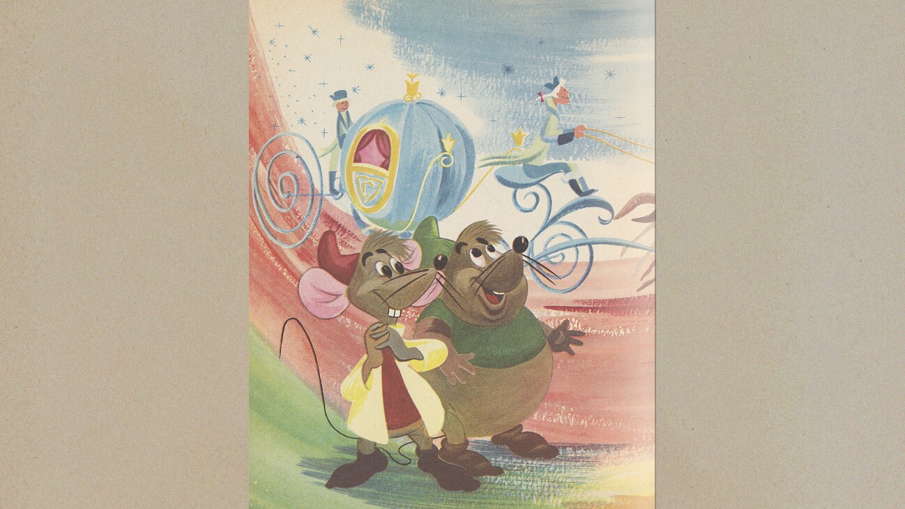 Book illustration of Jacques and Gus-Gus watching Cinderella's newly transformed pumpkin coach go by.