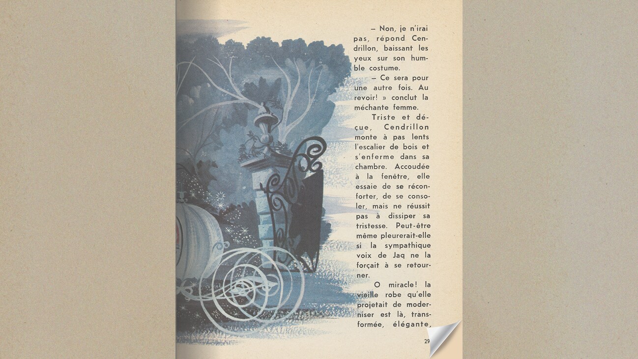 Right page of a book, with an illustration of Cinderella's carriage, and story text in French.