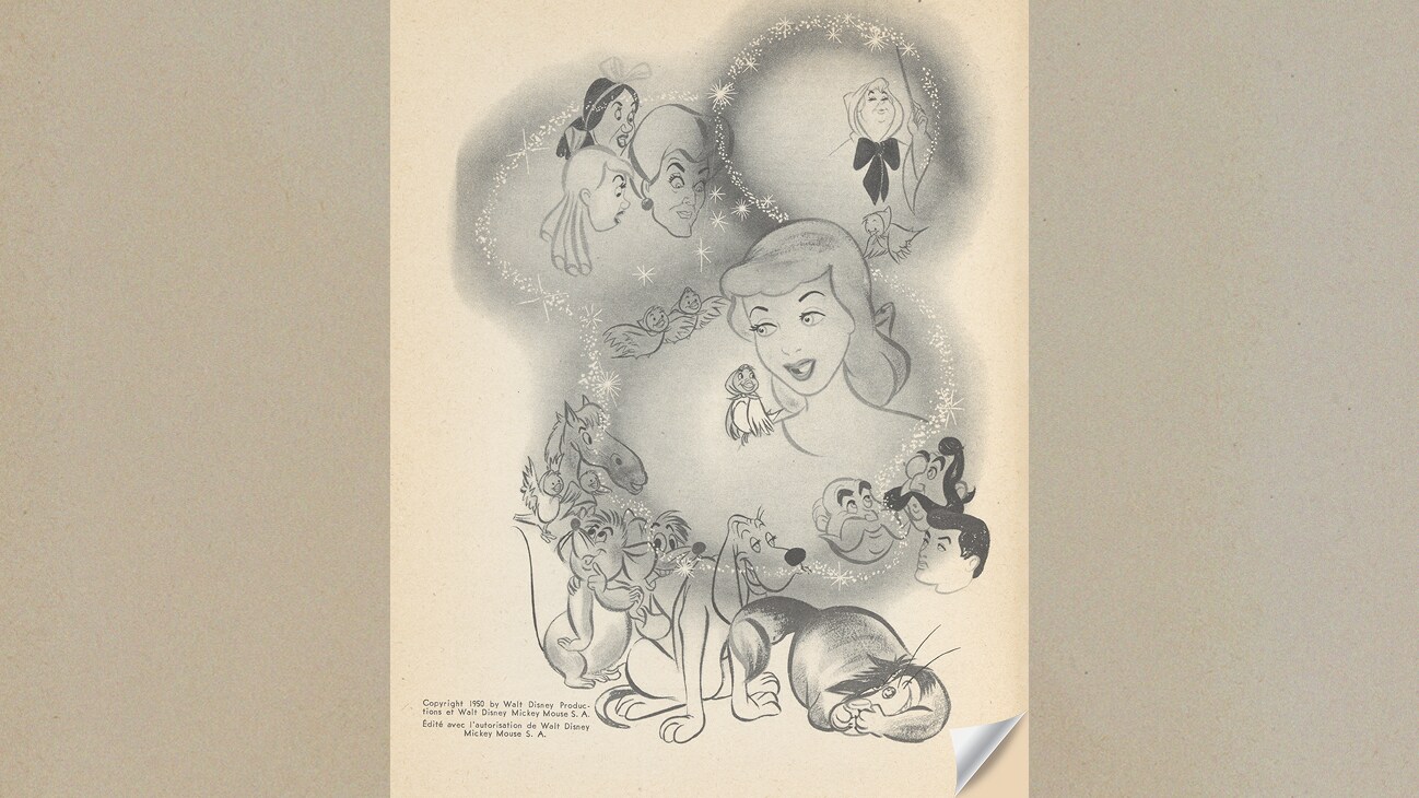 Book illustration featuring pencil drawings of Cinderella and the other characters from her story. | Copyright 1950 by Walt Disney Productions et Walt Disney Mickey Mouse S.A. Edite avec l'autorisation de Walt Disney Mickey Mouse S.A.