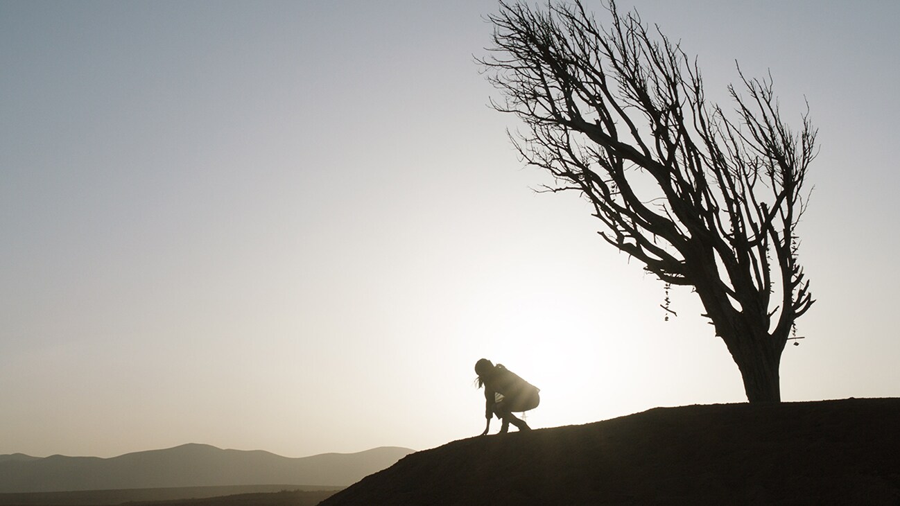 Image of a person touching the ground while kneeling by a leaf-less tree at sunset from the Marvel Studios movie Eternals.