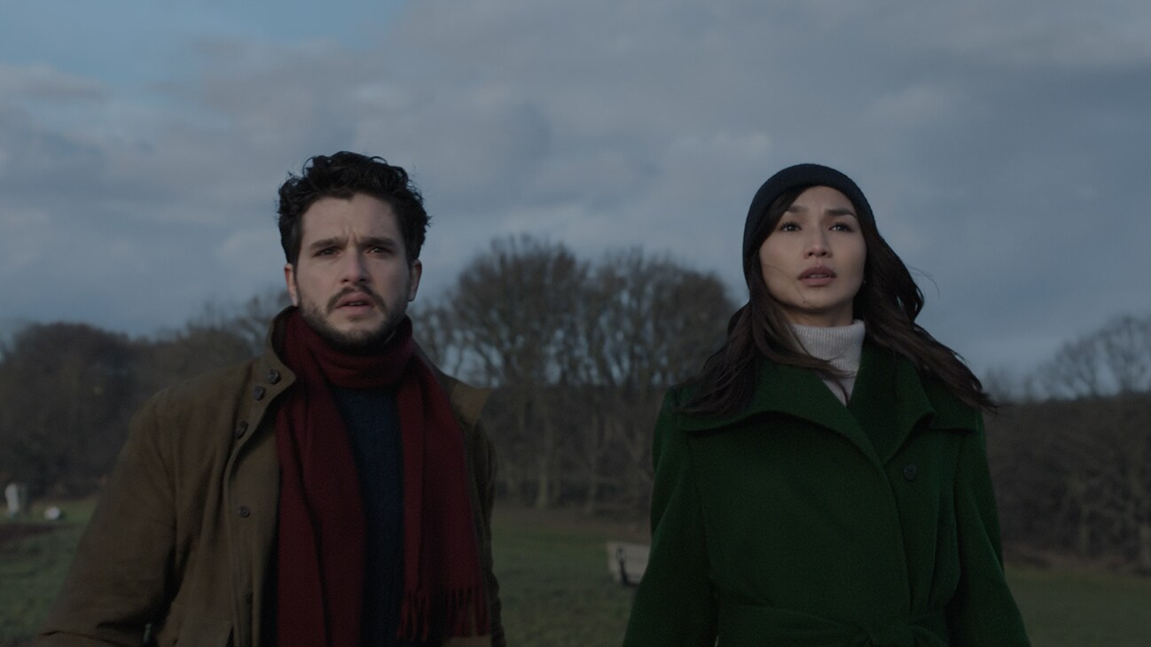 Dane Whitman (actor Kit Harington) and Sersi (actor Gemma Chan) from the Marvel Studios movie Eternals.