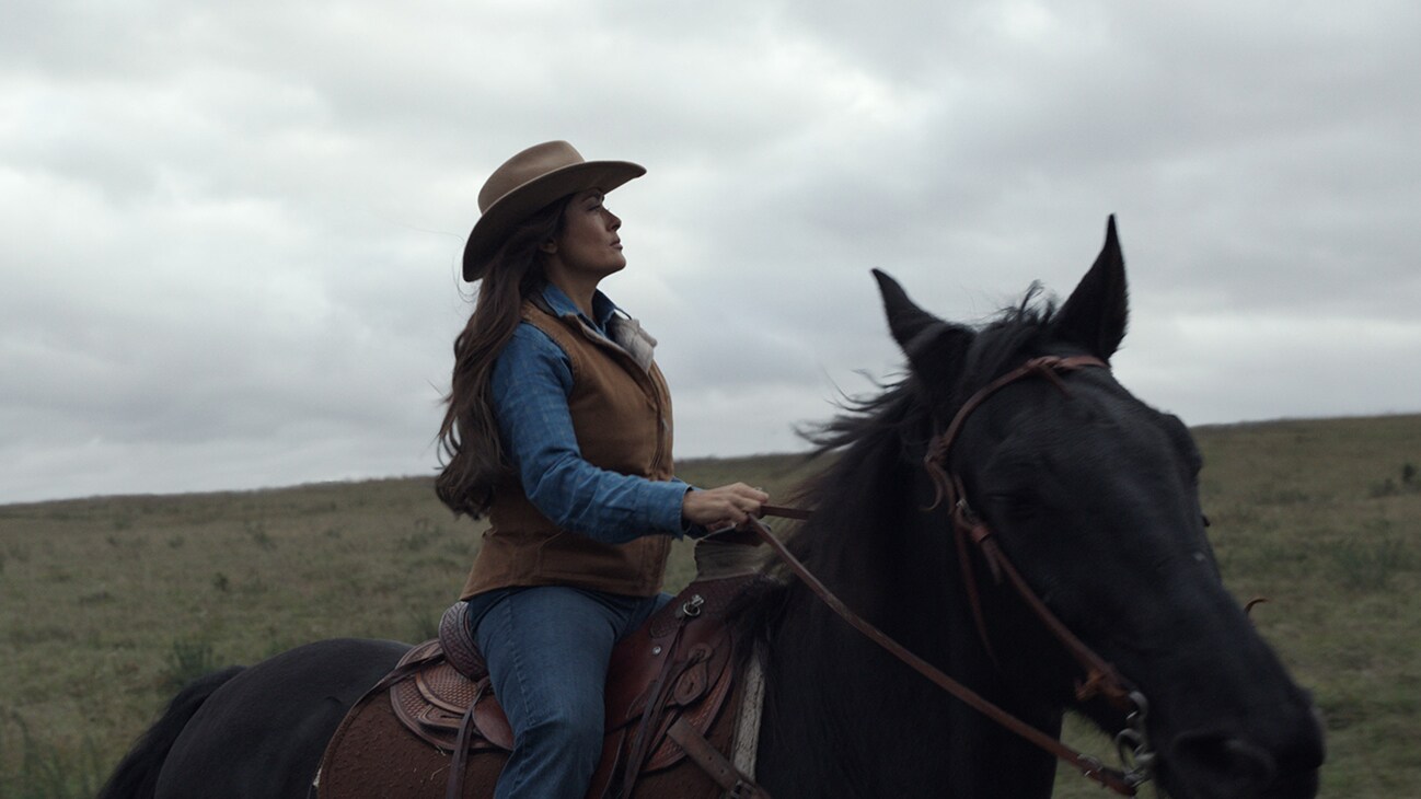 Salma Hayek on horseback from the Marvel Studios movie Eternals.