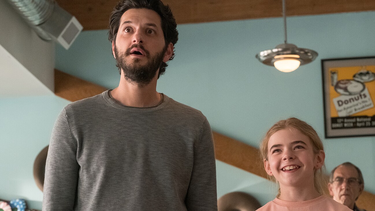 Ben Schwartz as George and Matilda Lawler as Flora in FLORA & ULYSSES, exclusively on Disney+.