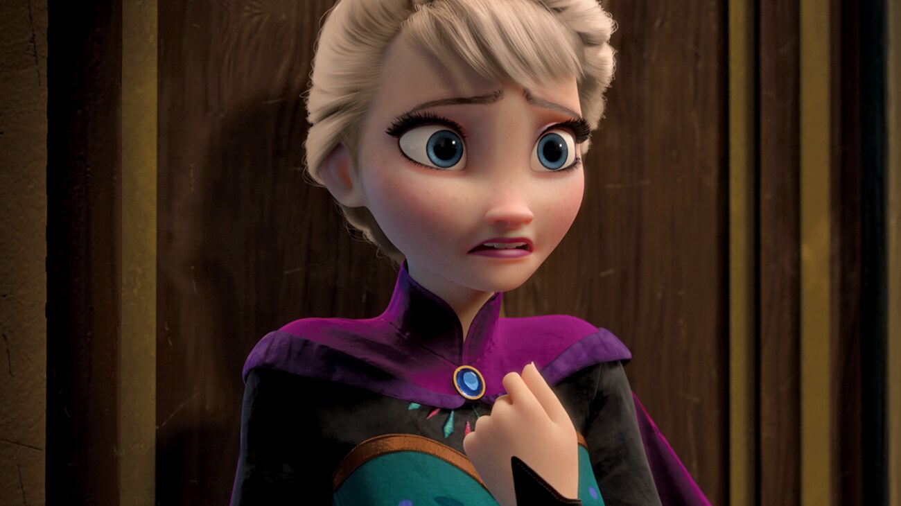 Elsa (voiced by Idina Menzel) in her crown, looking nervous, in Frozen