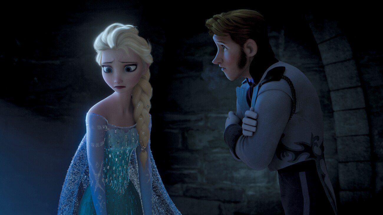 Elsa (voiced by Idina Menzel) and Hans (voiced by Santino Fontana) in Frozen 