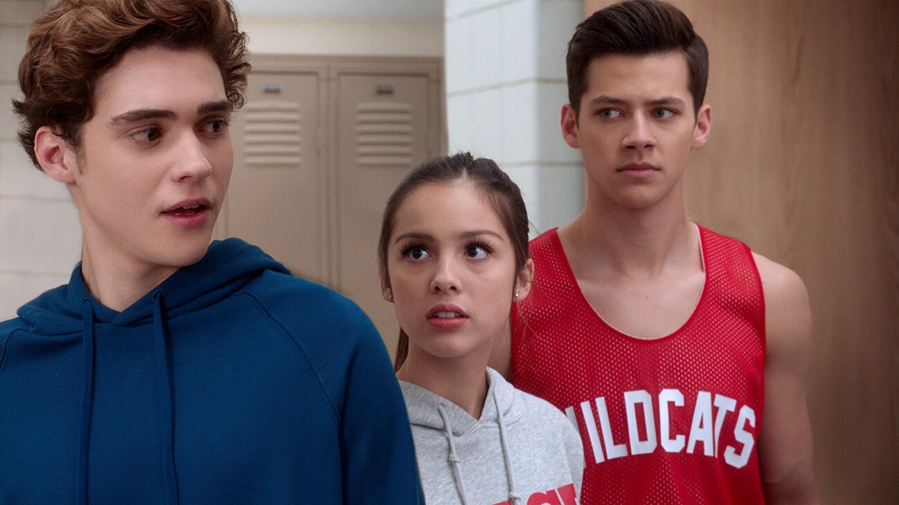 Ricky (actor Joshua Bassett), Nini (actor Olivia Rodrigo), and E.J. (actor Matt Cornett) from the Disney+ Original series "High School Musical: The Musical: The Series".