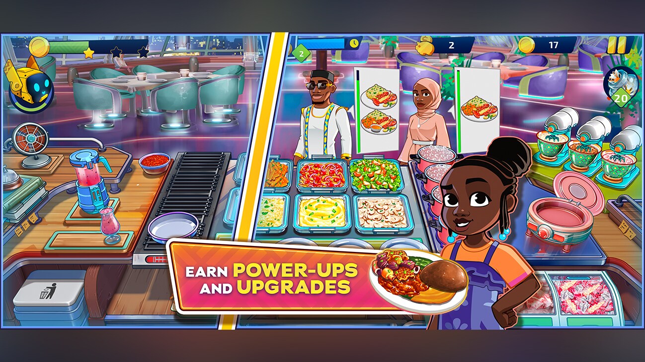 An animated image of two people in the background standing in front of several plates of food on a large table in a restaurant and a girl in the foreground. The caption reads, "Earn power-ups and upgrades". From the app, "Disney Iwájú: Rising Chef."