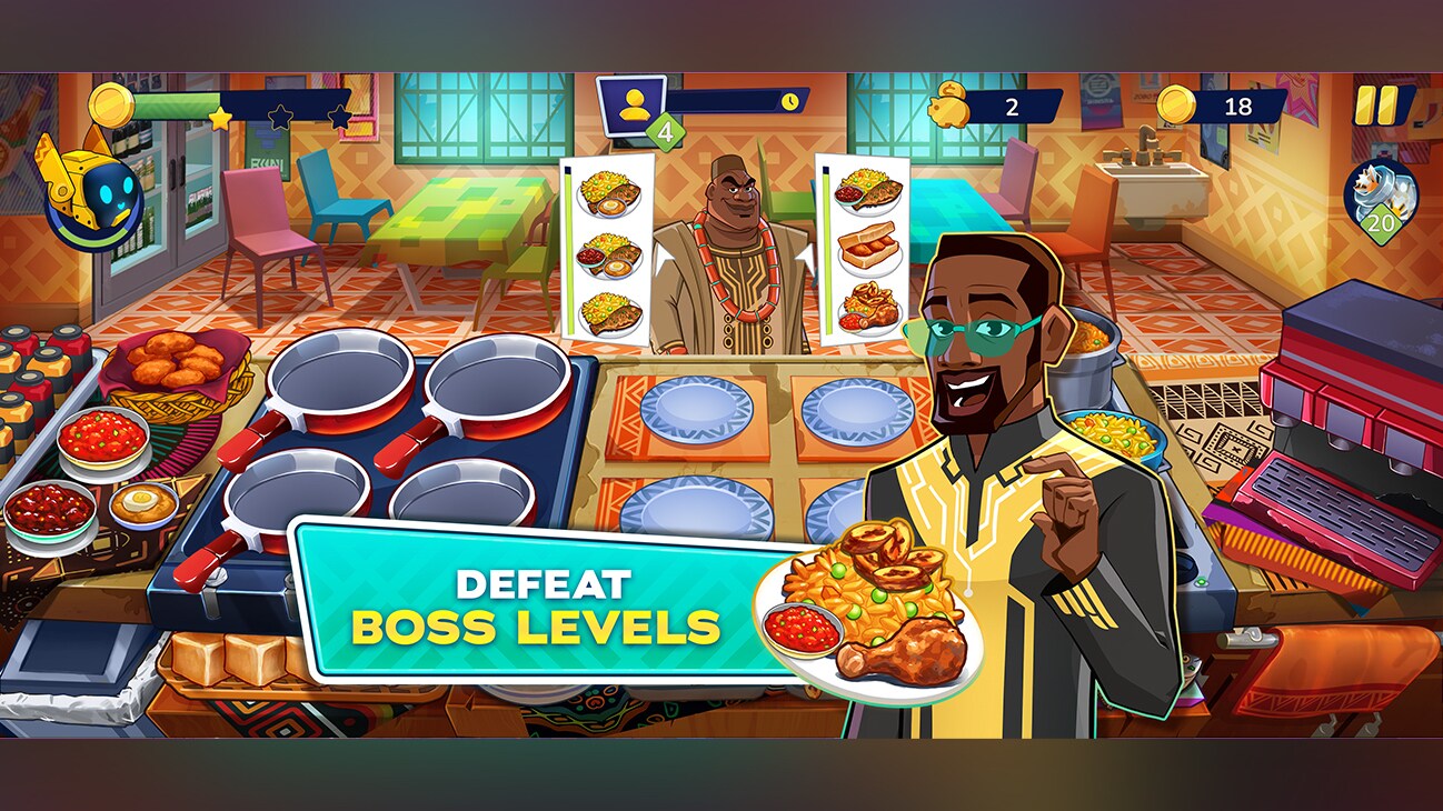 An animated image of a man standing to the side of several plates of food on a large table within a restaurant. The caption reads, "Defeat boss levels". From the app, "Disney Iwájú: Rising Chef."
