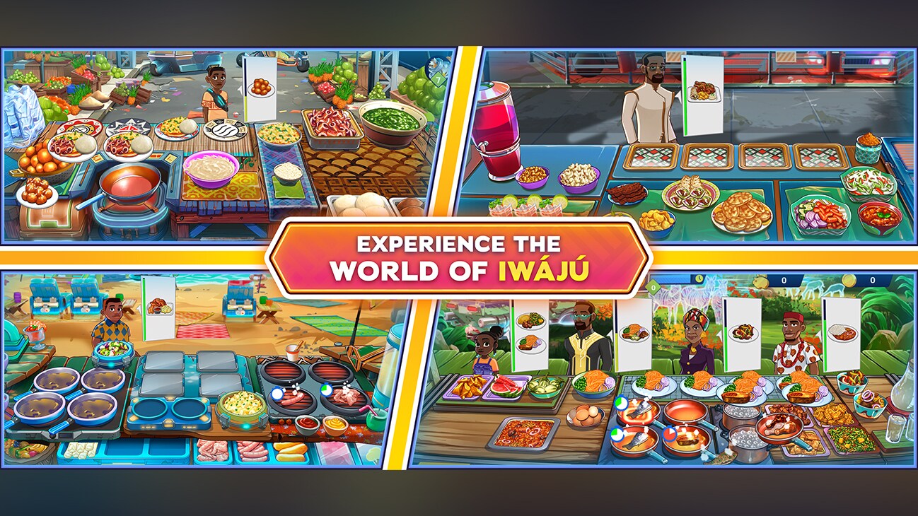 An animated image of four screens from the app, each having several plates of food on a table. The caption reads, "Experience the world of Iwájú". From the app, "Disney Iwájú: Rising Chef."