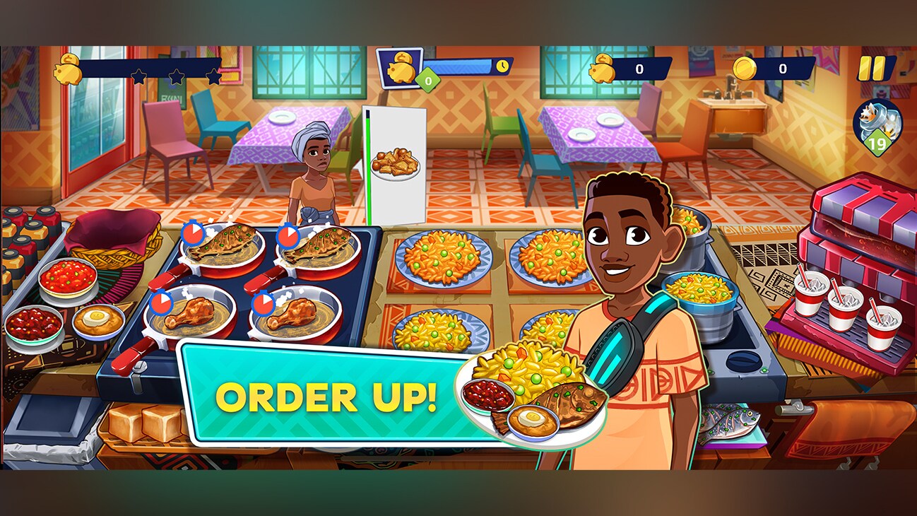 An animated image of a woman in the background standing in front of several plates of food on a large table in a restaurant and a man in the foreground. The caption reads, "Order Up!". From the app, "Disney Iwájú: Rising Chef."