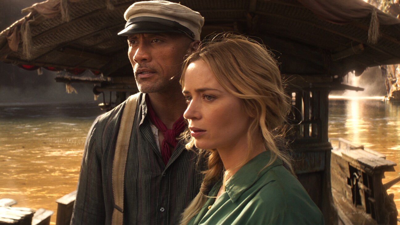 Frank Wolff (Dwayne Johnson) and Lily Houghton (Emily Blunt) from the Disney movie "Jungle Cruise".