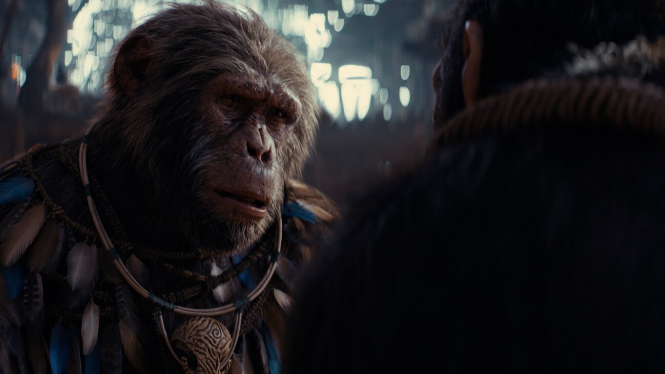 (L-R): Koro (played by Neil Sandilands ) and Noa (played by Owen Teague) in 20th Century Studios' KINGDOM OF THE PLANET OF THE APES. Photo courtesy of 20th Century Studios. © 2024 20th Century Studios. All Rights Reserved.