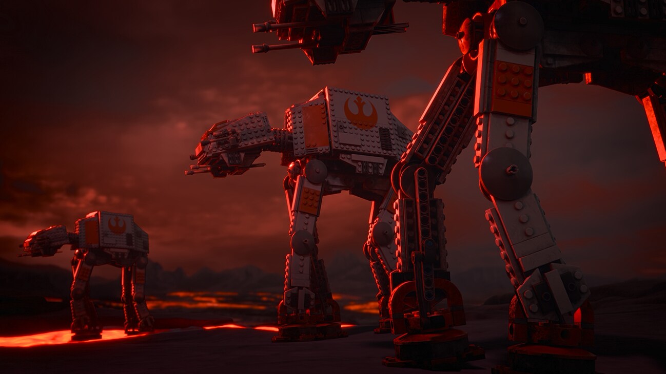 Rebel AT-AT walkers in a scene from LEGO® STAR WARS: REBUILD THE GALAXY, exclusively on Disney+. ©2024 Lucasfilm Ltd. & TM. All Rights Reserved.