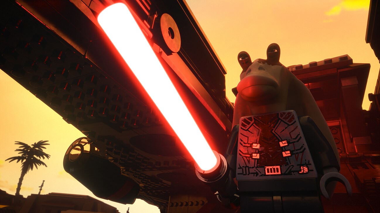 Darth Jar Jar and the Dark Falcon in a scene from LEGO® STAR WARS: REBUILD THE GALAXY, exclusively on Disney+. ©2024 Lucasfilm Ltd. & TM. All Rights Reserved.