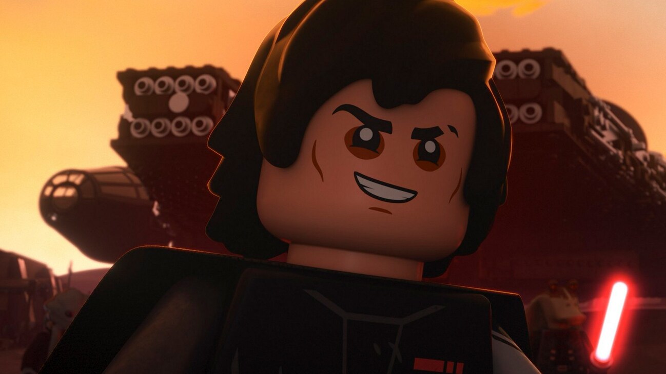 Darth Dev (L), the Dark Falcon, and Darth Jar Jar (right) in a scene from LEGO® STAR WARS: REBUILD THE GALAXY, exclusively on Disney+. ©2024 Lucasfilm Ltd. & TM. All Rights Reserved.