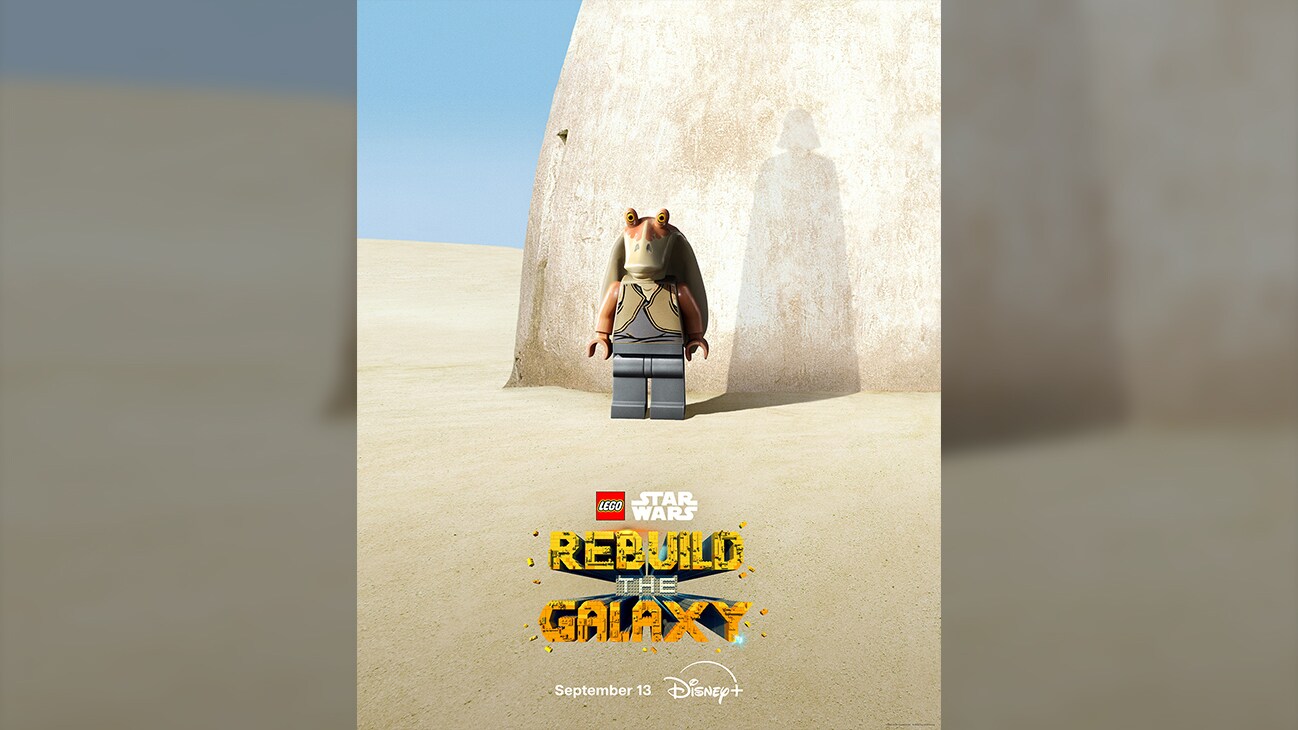 Image of a Jar Jar Binks LEGO® mini figure casting a Darth Vader shadow. | LEGO® Star Wars: Rebuild the Galaxy | September 13 | Disney+ | movie poster