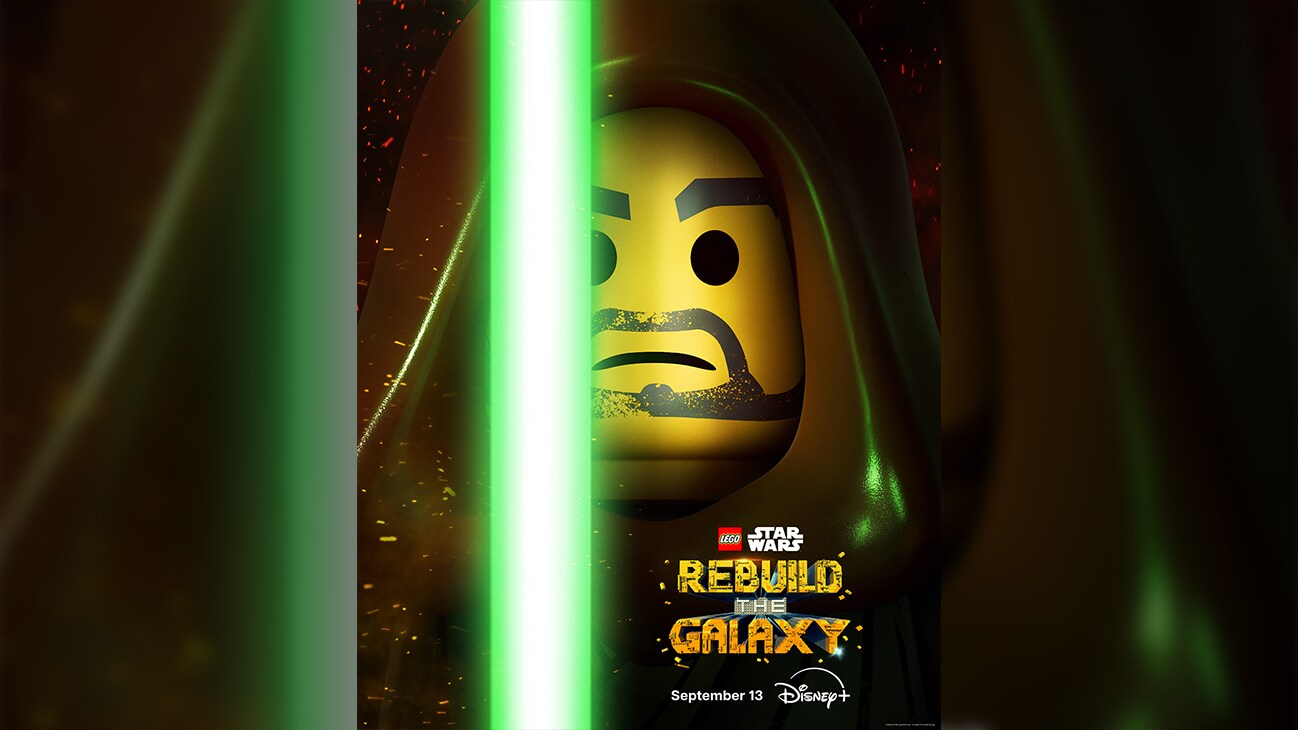 Image of a Jedi Bob LEGO® mini figure holding a lightsaber. | LEGO® Star Wars: Rebuild the Galaxy | September 13 | Disney+ | poster image